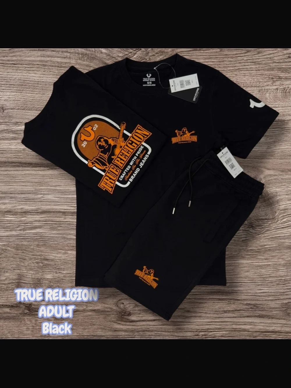 True Religion Black Tee and Shorts Set with Orange Logo